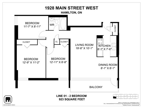 A floor plan for a 1 bedroom apartment at 1928 Main Street West, Hamilton, ON.
